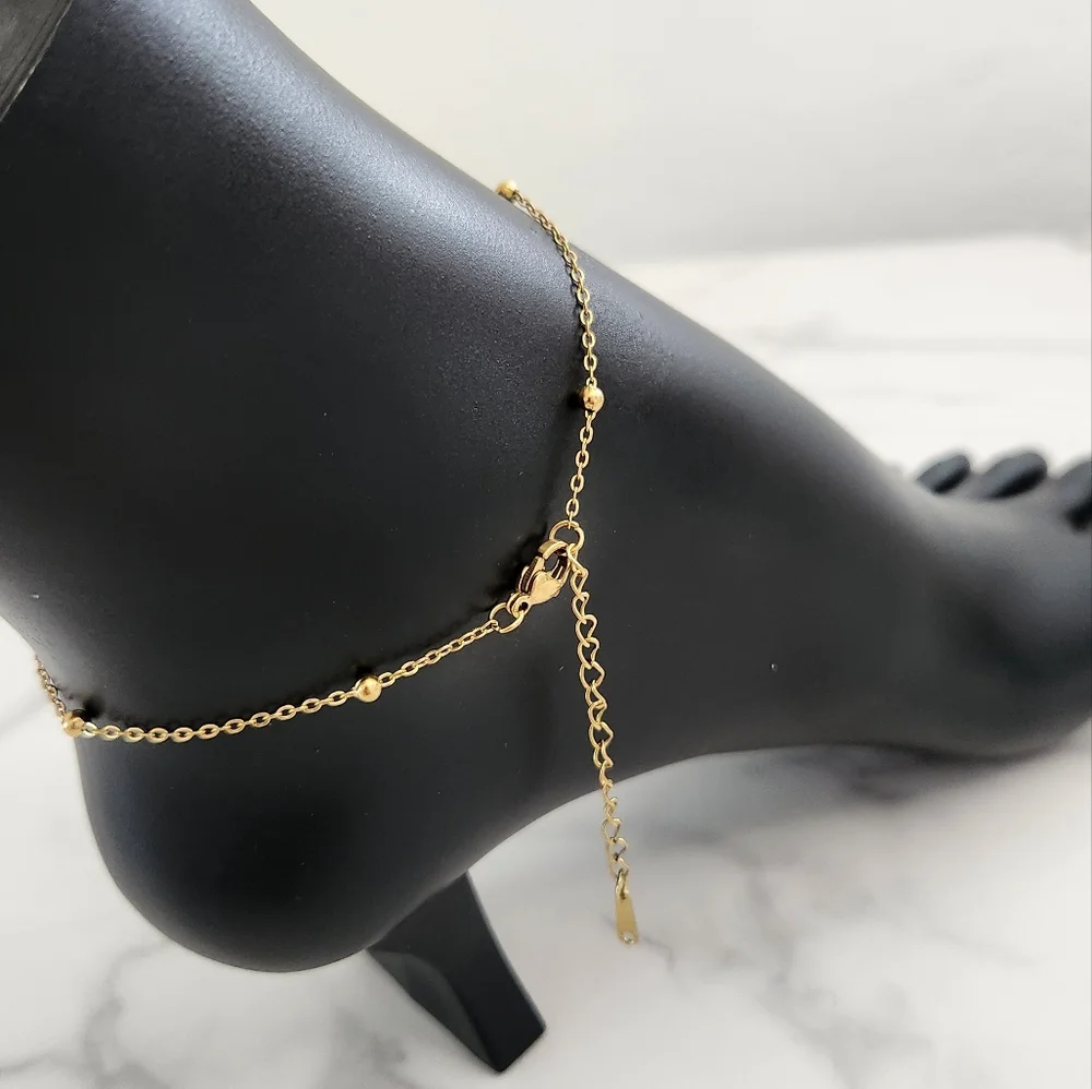 Gold Plated Bow Charm Beaded Chain Adjustable Dainty Anklet